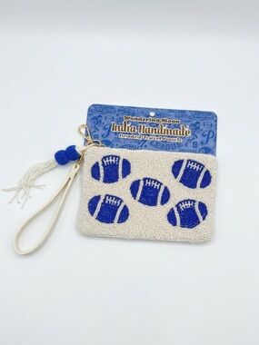 White Beaded Wristlet Clutch with Blue Football Motif